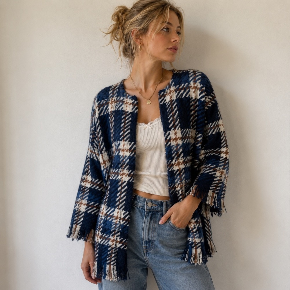 Vilagallo Navy‎ Plaid Fringe Open Front Cardigan Sweater Wool Blend M
